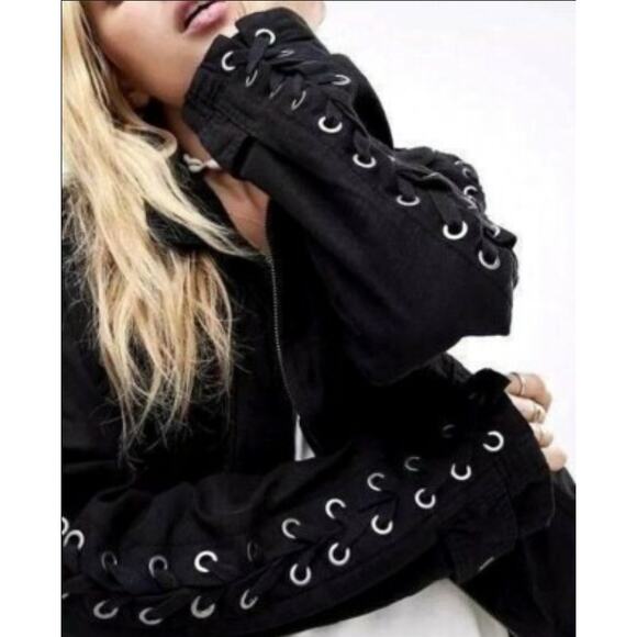 Free People Faye Cotton Black Military Lace Up Jacket - Picture 2 of 7